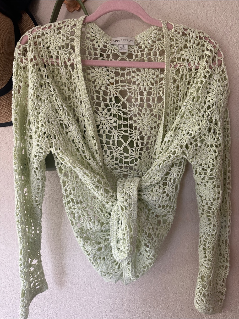Light Sage Crochet Openwork Cardigan